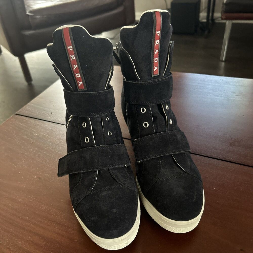 Prada Womens Black Suede 1” Heel Zip Up Wedge High Top Sneaker Boots 40 EU 10 US - Picture 7 of 14